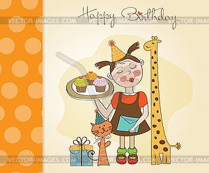 Happy Birthday card with funny girl, animals and - vector clipart