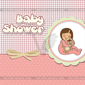 New baby girl announcement card with little girl - vector clip art