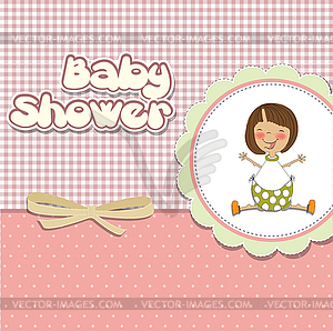 New baby girl announcement card with little girl - vector clipart