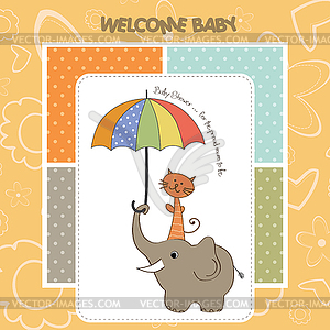 Baby shower card with funny elephant and little - vector clipart