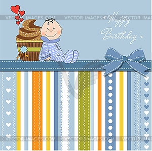 Birthday greeting card with cupcake and little baby - vector image