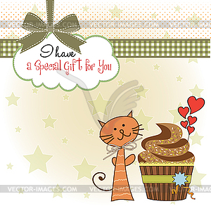 Birthday greeting card with cupcake and cat - vector clipart