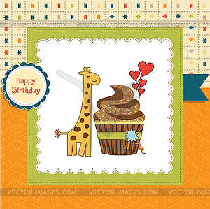 Birthday greeting card with cupcake and giraffe - vector clip art