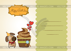 Birthday greeting card with cupcake and little dog - vector EPS clipart