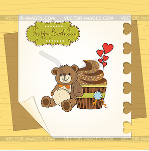 День рождения открытки с кексом и плюшевого мишку - изображение в векторном формате
