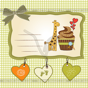Birthday greeting card with cupcake and giraffe - vector image
