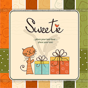 Greeting card with cat and presents - vector EPS clipart