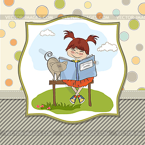 Young sweet girl reading book - vector clipart