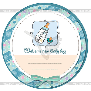 Baby announcement card with milk bottle and pacifier - vector clip art