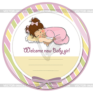 Baby shower card with little baby girl play with he - color vector clipart