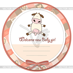 New baby girl announcement card with cow - vector clipart