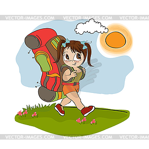 Traveling tourist girl with backpack - vector image