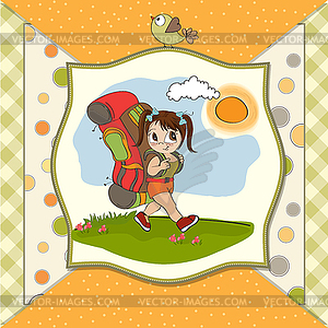 Traveling tourist girl with backpack - vector image