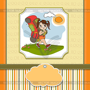 Traveling tourist girl with backpack - vector clipart / vector image