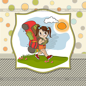 Traveling tourist girl with backpack - vector clip art