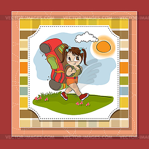 Traveling tourist girl with backpack - vector clipart