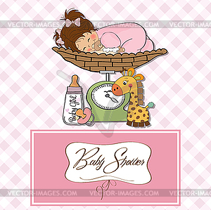 Baby girl on on weighing scale - vector clip art