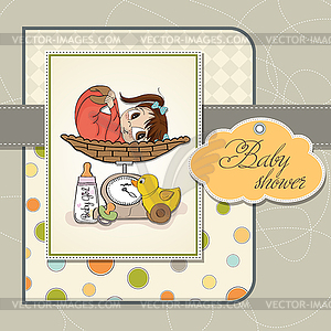 Baby girl on on weighing scale - vector clipart
