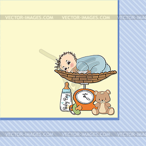 Baby boy weighed on scale - vector clipart