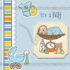 Baby boy weighed on scale - vector EPS clipart