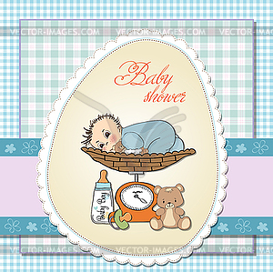 Baby boy weighed on scale - vector image