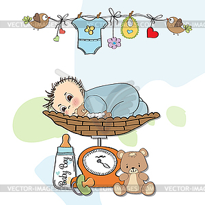 Baby boy weighed on scale - vector image