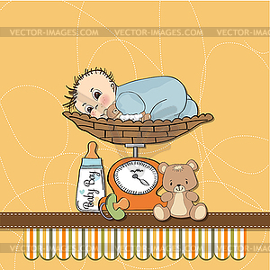 Baby boy weighed on scale - vector clipart