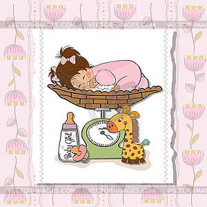 Baby girl on on weighing scale - vector image