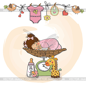 Baby girl on on weighing scale - vector image