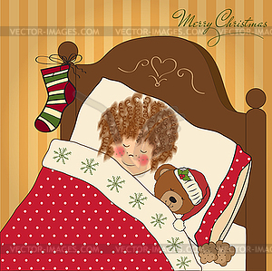 Little girl waiting for Santa on Christmas Eve - vector image