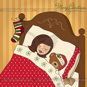 Little girl waiting for Santa on Christmas Eve - vector clip art