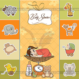 Beautiful baby girl on on weighing scale - vector clipart