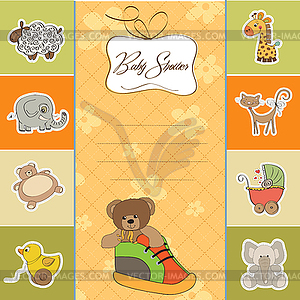 Baby shower card with teddy bear hidden in shoe - vector clipart