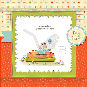 Baby ba in small pool . shower announcement card - vector image