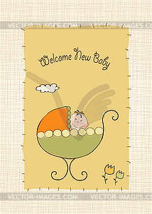 Baby boy announcement card with baby and pram - vector EPS clipart