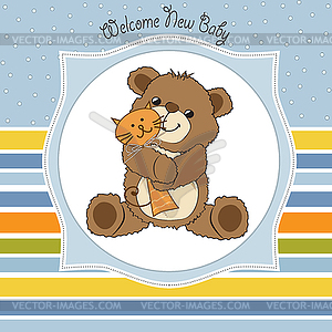 Baby shower card with teddy bear and his toy - vector image