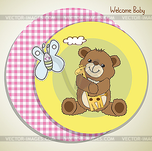 Baby shower card with teddy bear and his toy - vector image