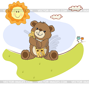 Childish greeting card with teddy bear and his toy - vector clip art