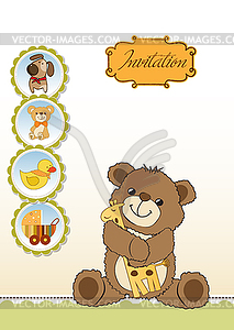 Childish greeting card with teddy bear and his toy - vector clipart