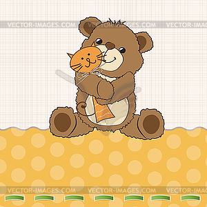 Childish greeting card with teddy bear and his toy - vector image