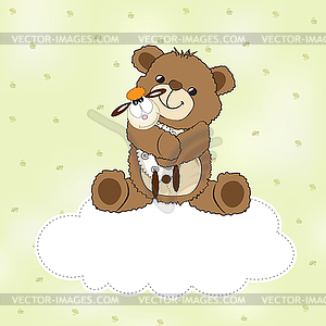 Childish greeting card with teddy bear and his toy - vector image