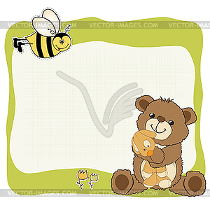 Childish greeting card with teddy bear and his toy - vector image