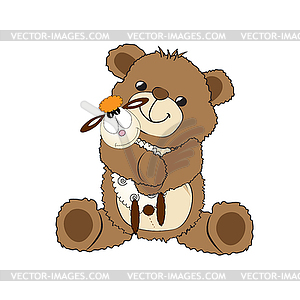 Teddy bear playing with his toy, little sheep - vector image