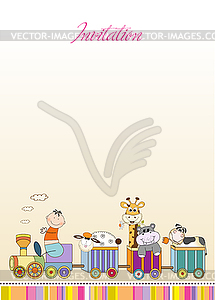 New baby announcement card with animal`s train - vector image