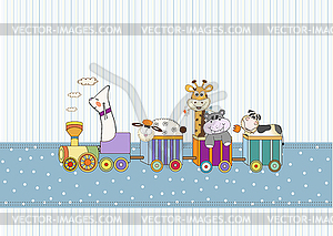 New baby announcement card with animal`s train - vector clipart