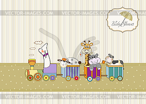 New baby announcement card with animal`s train - vector image