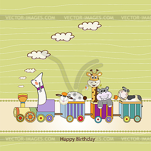 New baby announcement card with animal`s train - vector image