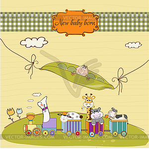 New baby announcement card with animal`s train - vector clipart