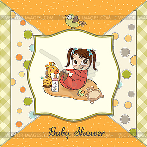 Little baby girl play with her toys. baby shower - vector clipart