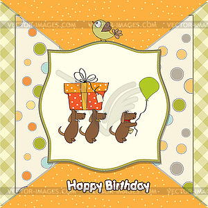 Three dogs that offer big gift. birthday greeting - vector clipart